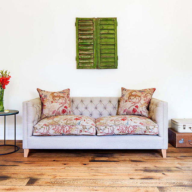 Haresfield 3 Seater Sofa in Antwerp Linen with Seat & Scatters in Floral Linen Lily Pad Vermillion